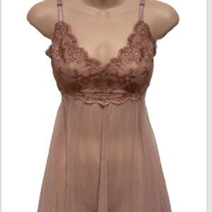 Victorias Secret Womens Babydoll Top Size S/P Pink Rose Sheer Lace Lingerie